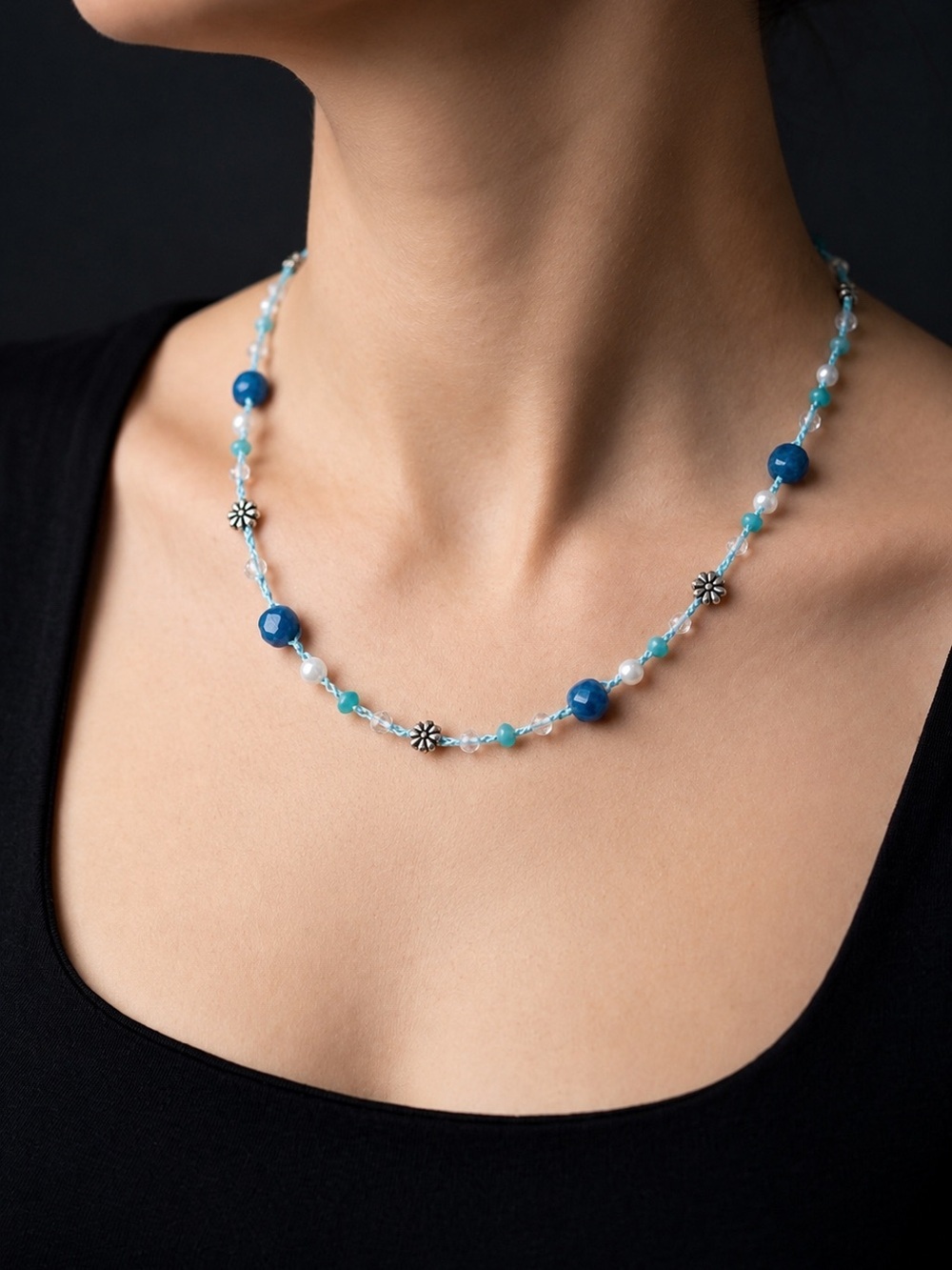 Blue Beaded Crochet Necklace | Layered Aqua & Silver Charm Statement